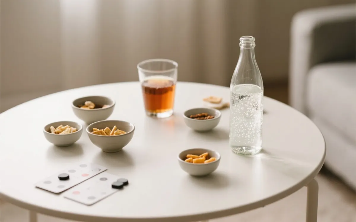 周末看球零食饮料布置：分装小碗、气泡水、冷泡茶、简洁餐桌