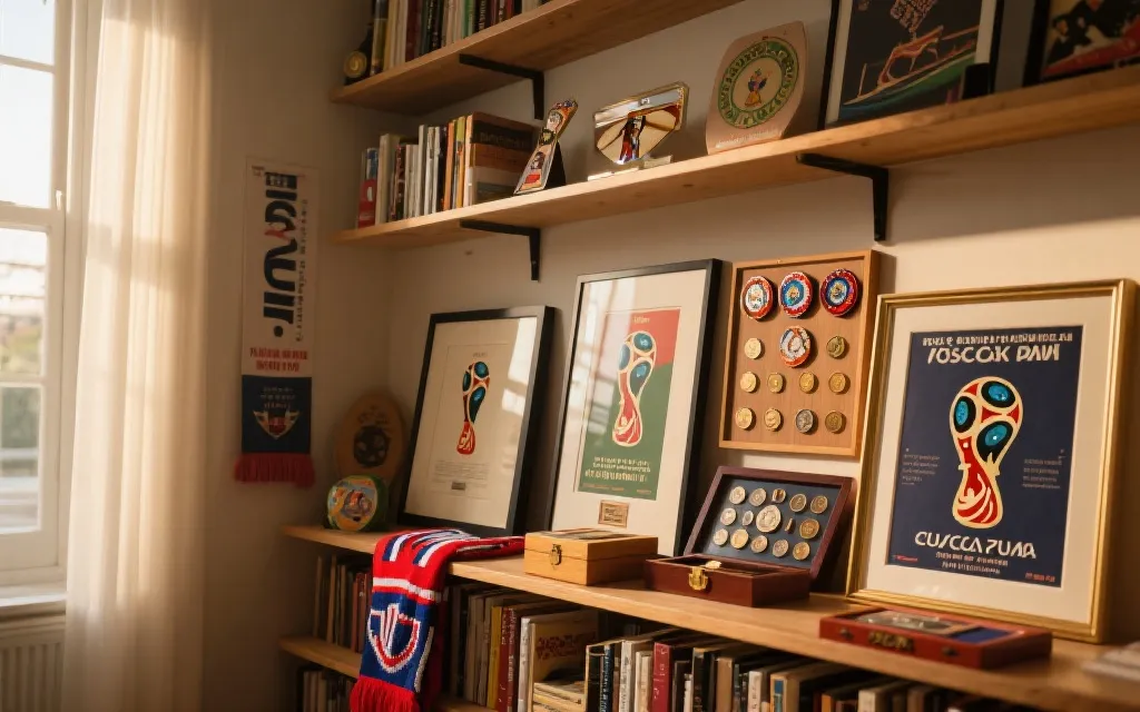 温暖室内书架陈列：装裱海报、徽章展示板、纪念币收藏盒与一条围巾，具有电影感光影