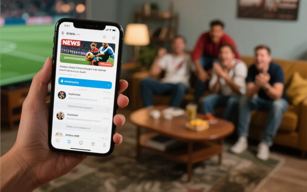 手机新闻推送与球迷在客厅观赛的对比画面，叙事交织感